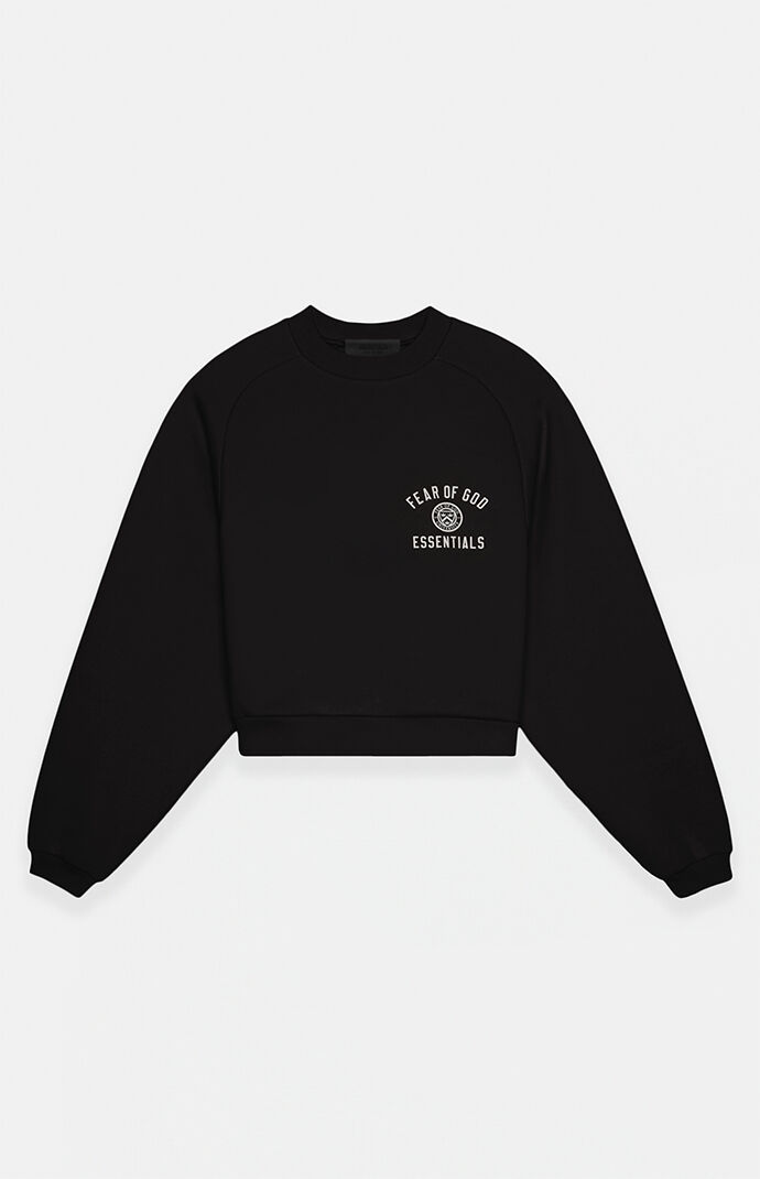 Fear of God Essentials Women s Black University Fleece Cropped Crew Neck Sweatshirt PacSun