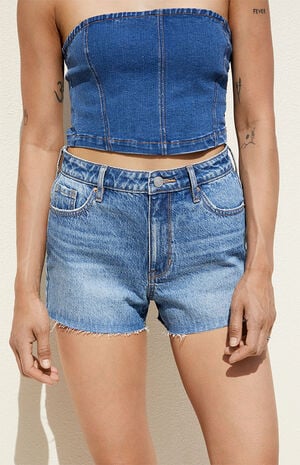 Medium Blue Stretch High Waisted Denim Shorts image number 3
