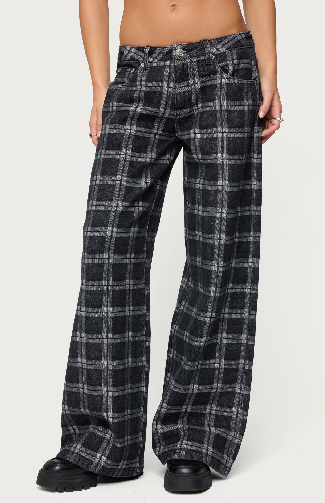 Edikted Kailani Plaid Low Rise Baggy Jeans