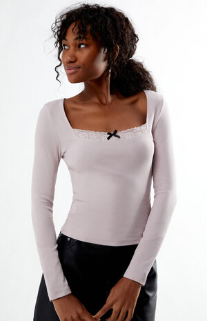 Lace Trim Ribbed Long Sleeve Top image number 2