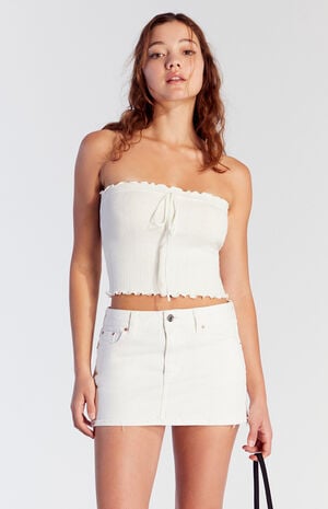 White Low Rise Denim Mini Skirt