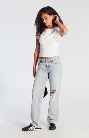 Jordyn Ripped Low Rise Straight Leg Jeans Light Indigo