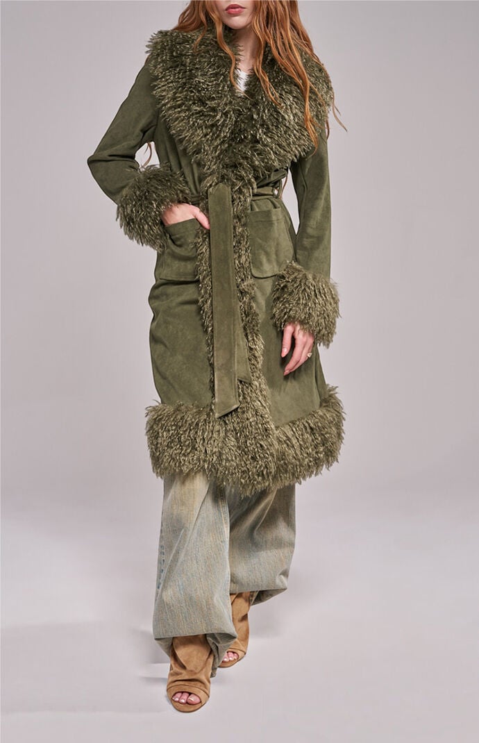 AZALEA WANG Gilda Olive Faux Fur Trench Coat