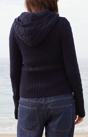 Blue Cable Knit Button Down Hooded Sweater image number 4