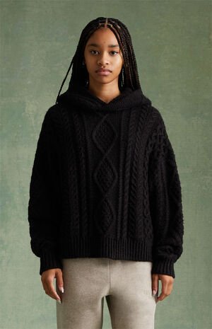 Essentials Jet Black Cable Knit Hoodie image number 3