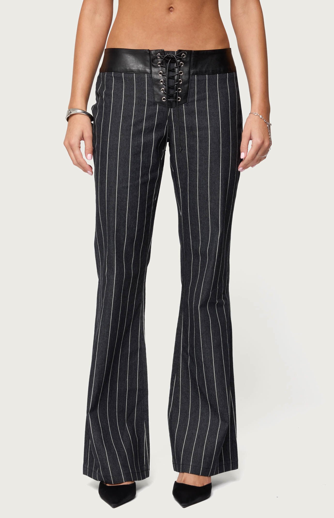Edikted Pinstripe & Faux Leather Low Rise Flared Jeans