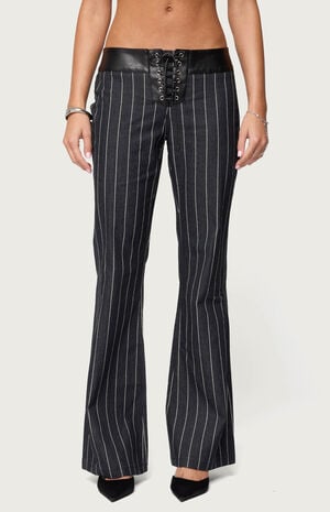 Pinstripe & Faux Leather Low Rise Flared Jeans image number 1