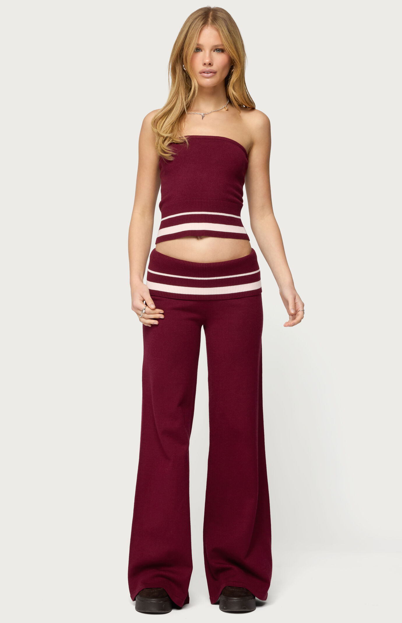 Edikted Kaliya Stripey Fold Over Knit Flared Pants