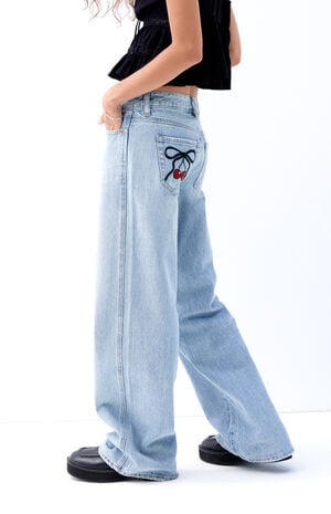 Casey Light Indigo Cherry Bow Low Rise Baggy Jeans image number 3