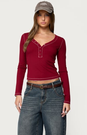 Yael Contrast Stitch Henley Top image number 1