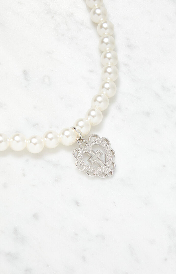 Faux Pearl Heart Cross Necklace