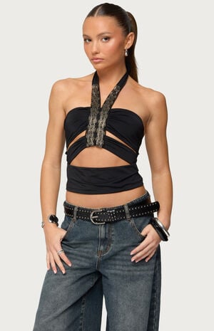 Zola Cutout Beaded Halter Top image number 1