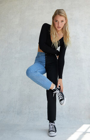 Eco Black Two-Tone High Waisted Straight Leg Jeans image number 5