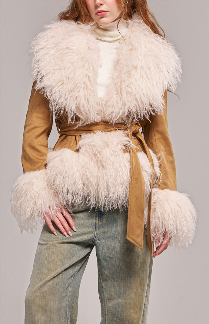 AZALEA WANG Tori Camel Faux Fur Trench Coat