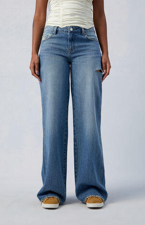 Eco Medium Blue Ripped Low Rise Baggy Jeans image number 3