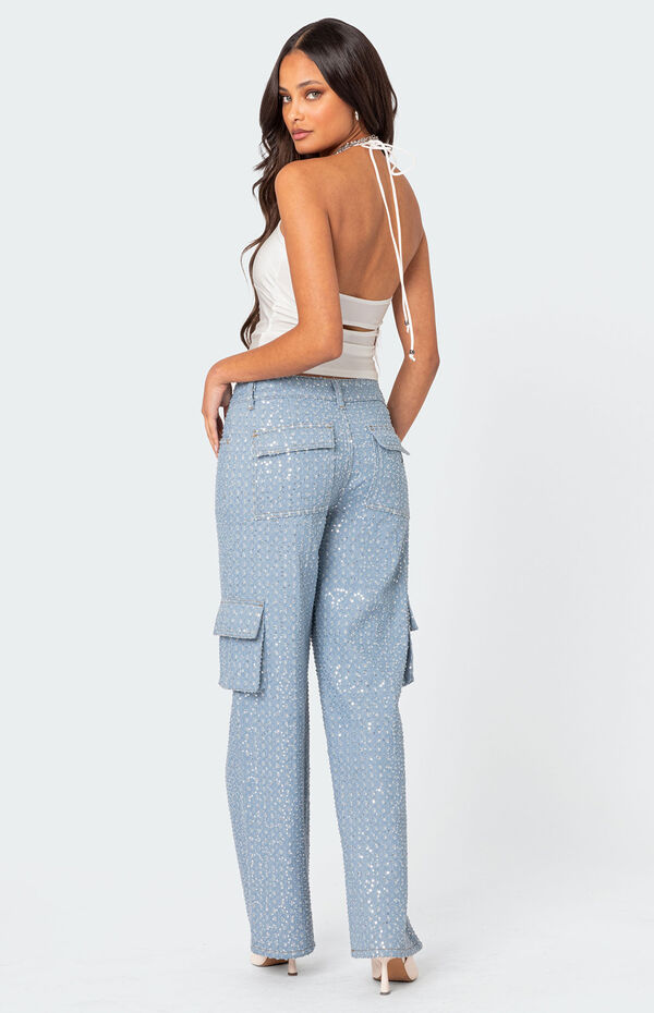 Edikted Icing Sequin Low Rise Cargo Jeans