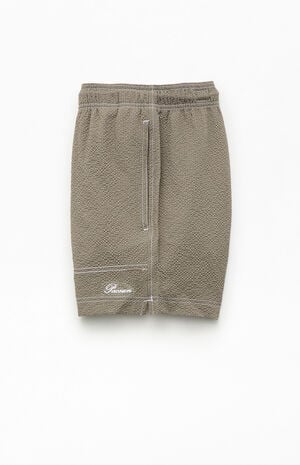 Cursive Contrast Stitched Seersucker 4.5" Swim Trunks image number 3