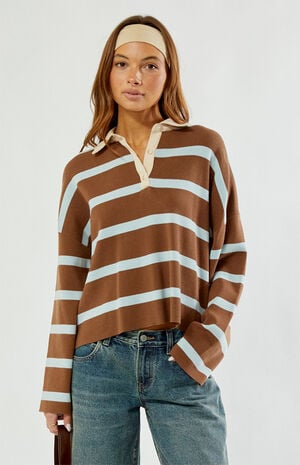 Brown Striped Rugby Polo Knit Sweater image number 2