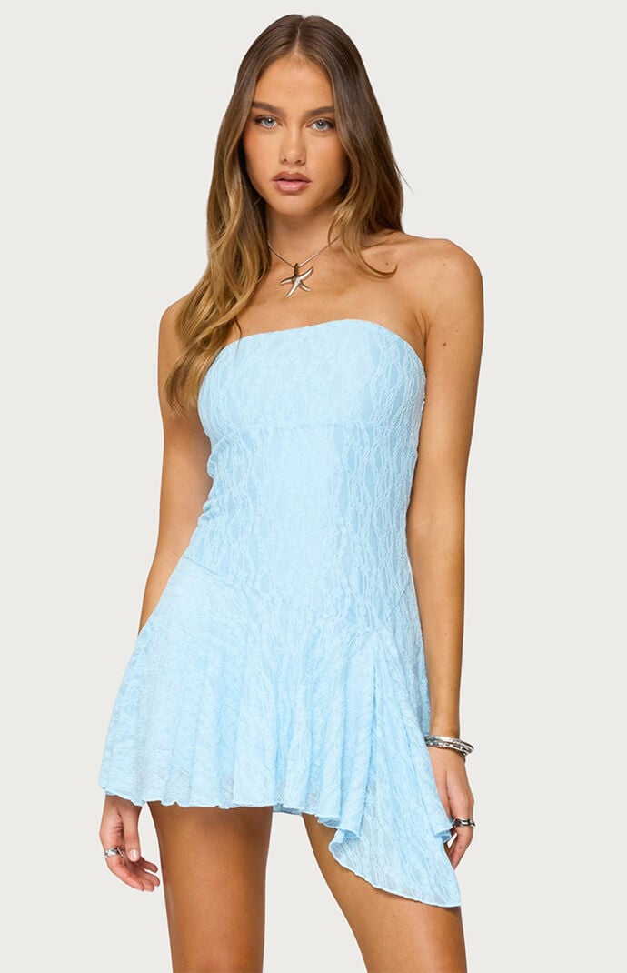 Edikted Elaia Asymmetric Strapless Lace Mini Dress