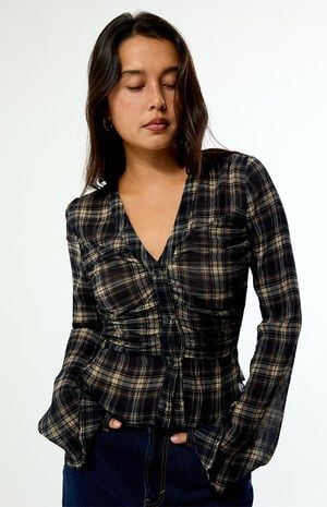 Sara Plaid Button Up Long Sleeve Top image number 5