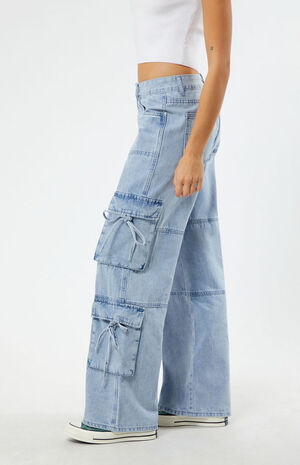 Light Indigo Ribbon Low Rise Baggy Cargo Jeans image number 1