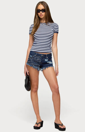 Studded and Distressed Low Rise Denim Shorts image number 5