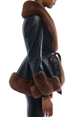 Kenzy Brown Faux Leather & Fur Belted Coat image number 2