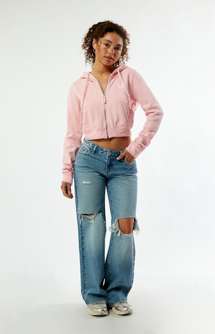 True Religion Raw Edge Big T Shrunken Zip Up Hoodie