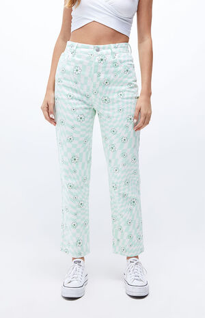 Eco Green Checkerboard Flower High Waisted Straight Leg Jeans image number 2