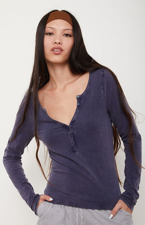 Ashlee Washed Notched Henley Long Sleeve Top image number 2