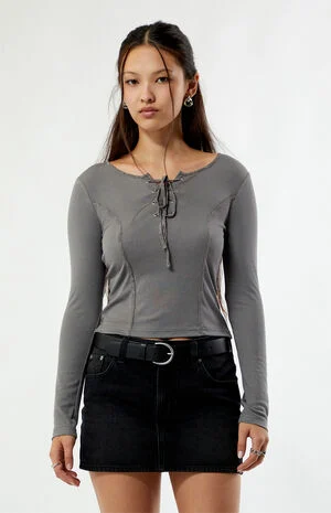 Zoey V-Neck Lace-Up Long Sleeve Top image number 1