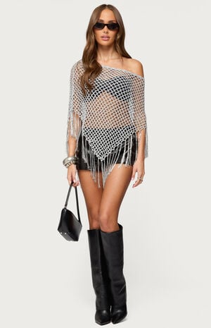Evette Fringe Open Knit Metallic Poncho image number 5