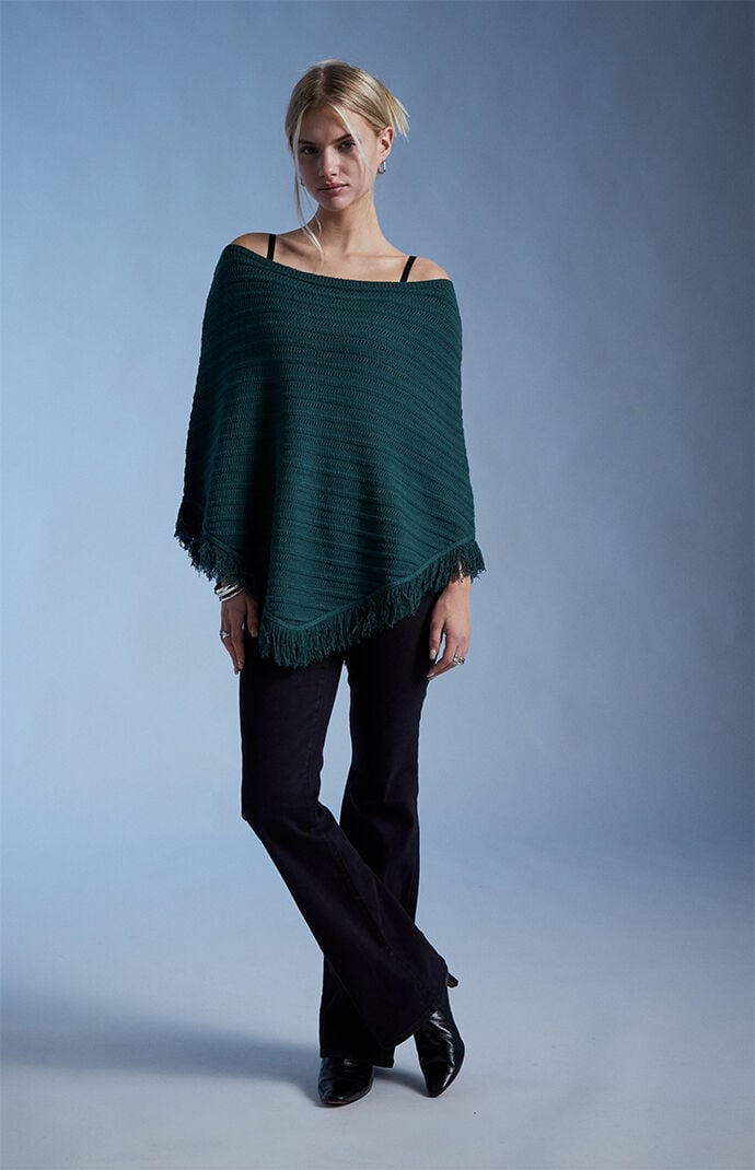 Third Charm Berlin Knit Fringe Poncho Sweater