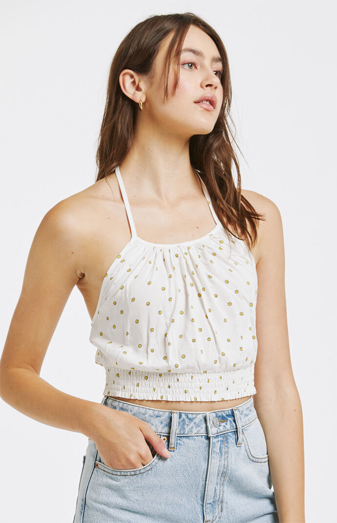 Printed Smocked Waist Halter Tank Top