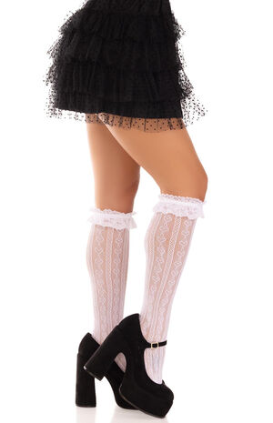 Sweetheart Knit Lace Ruffle Cuff Knee High Socks image number 2