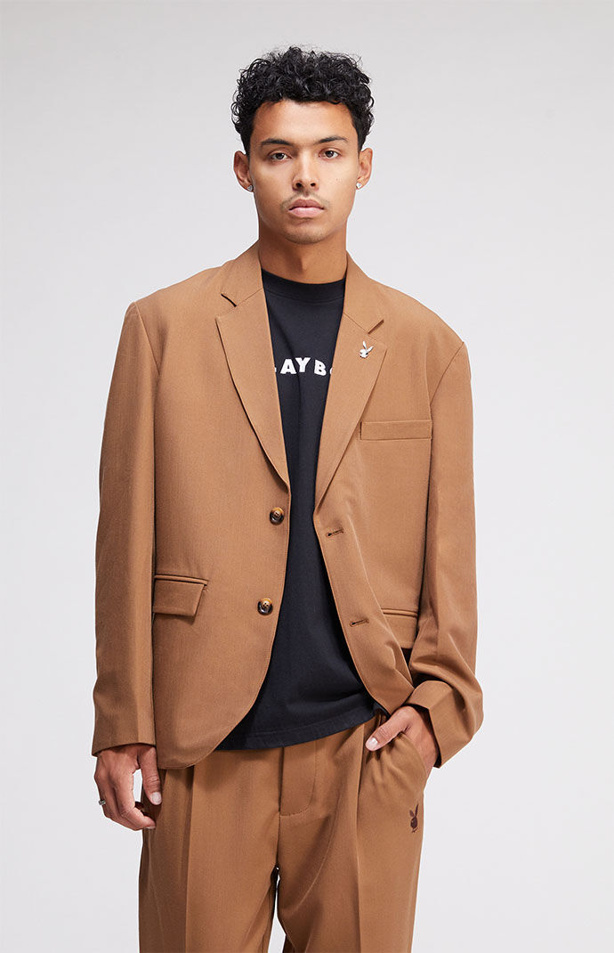 Playboy Houndstooth Wool Blazer in Tan - Size Small