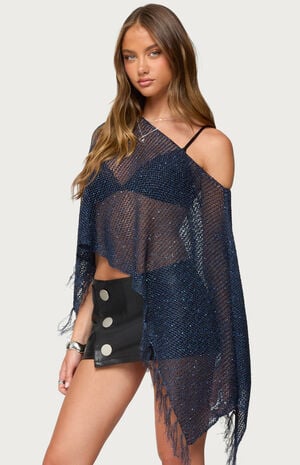 Sequin Fringe Knit Poncho image number 2