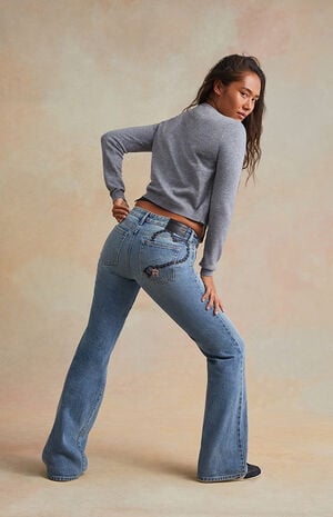 Light Blue Lock Embroidered Chain Low Rise Bootcut Jeans image number 1