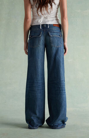 Light Blue Rhinestone Button Pocket Low Rise Baggy Jeans image number 3