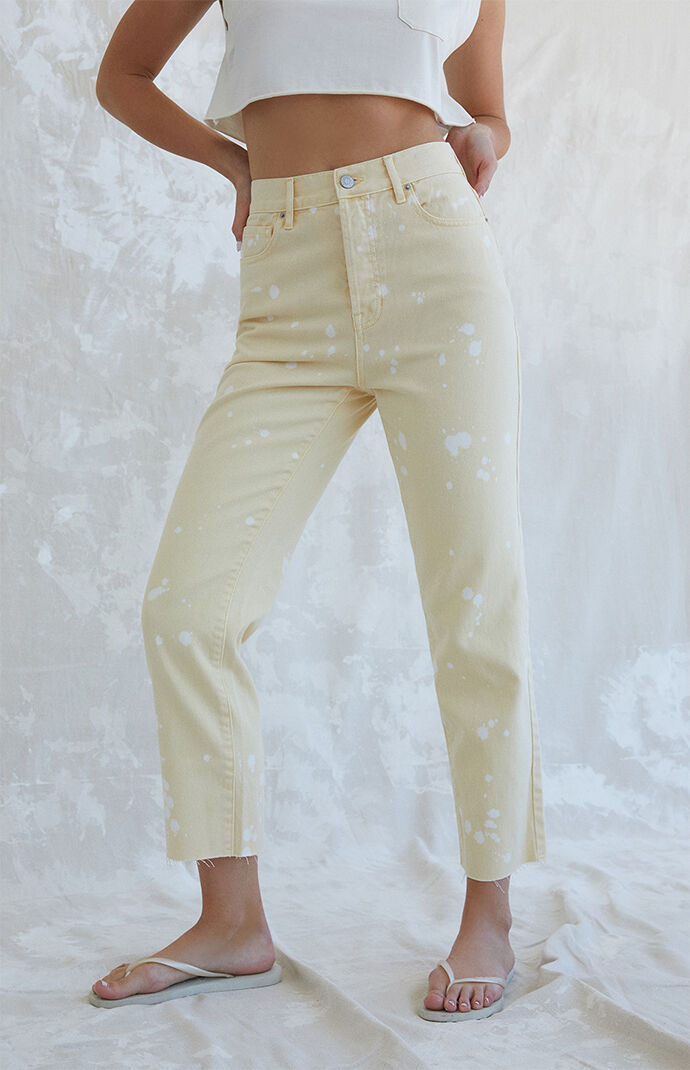Tan Paint Splatter High Waisted Straight Leg Jeans