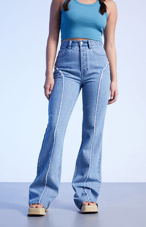 Eco Medium Blue Frayed&nbsp;High Waisted Bootcut Jeans image number 2