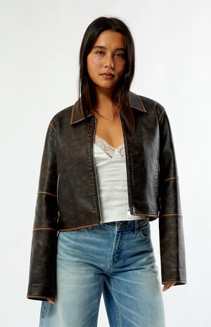 Faux Leather Cropped Biker Jacket image number 1