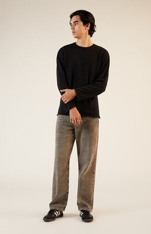 Black Solid Raw Hem Waffle Knit Long Sleeve T-Shirt image number 4