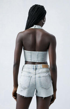 Eco Light Indigo Studded High Waisted Denim Festival Shorts image number 4