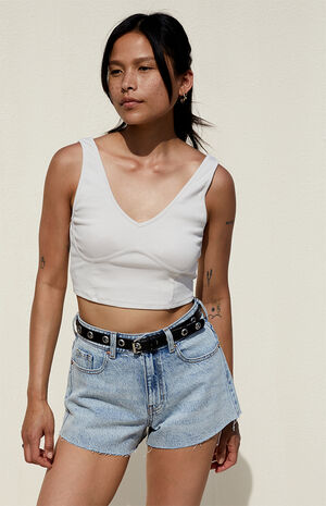 Eco Light Blue Raw Hem Denim Mom Shorts image number 2