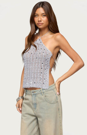 Thaly Backless Sequin Crochet Halter Top image number 2