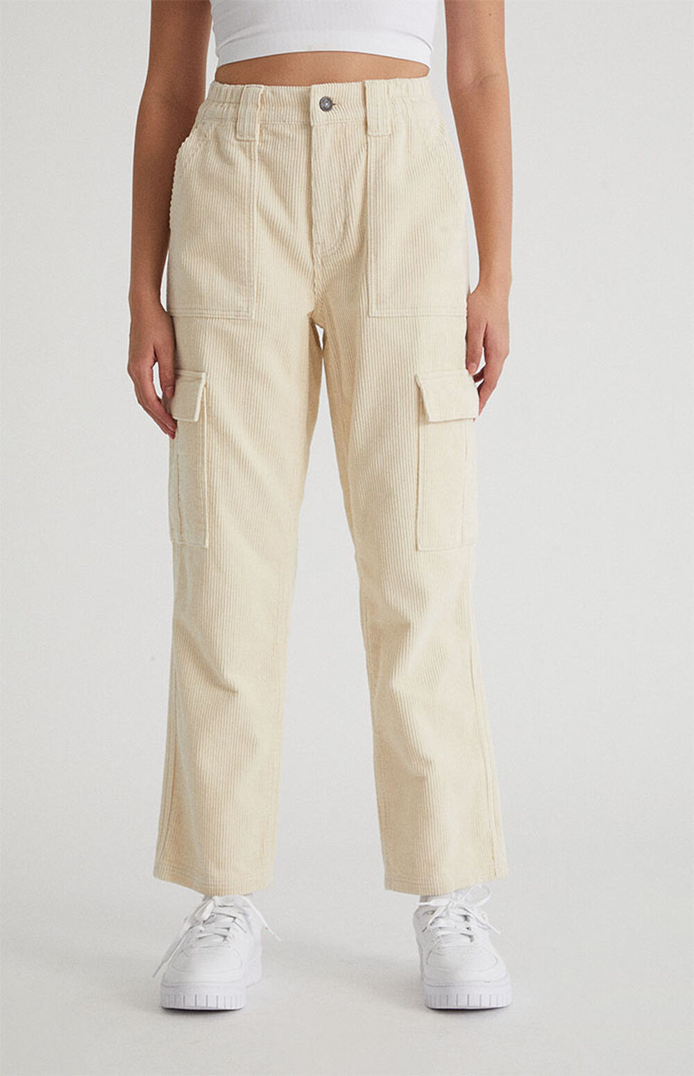 PacSun Off White Corduroy Cargo Elastic Waist Pants PacSun
