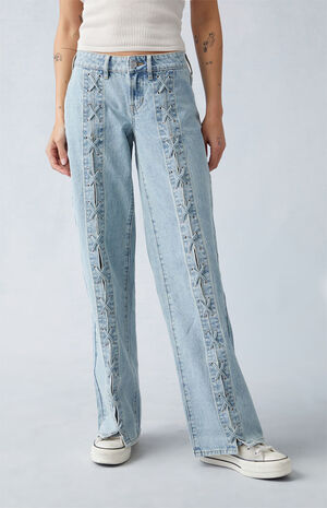 Light Indigo Lace-Up Low Rise Wide Leg Jeans image number 1
