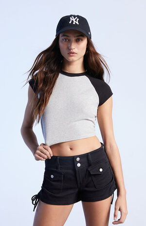 Black Cinched Stretch Low Rise Denim Shorts image number 2