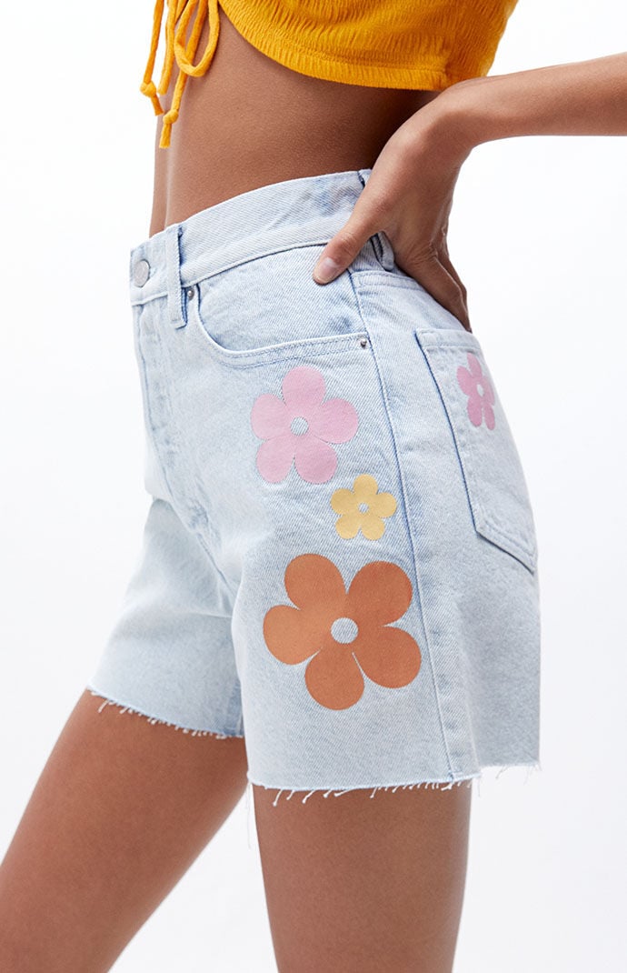 PacSun Eco Light Blue Flower Graphic Girlfriend Denim Shorts PacSun